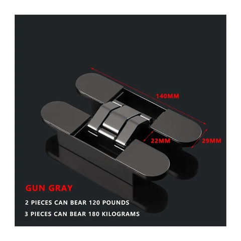 Gun gray Sleek Invisible Door Hinges Set For Outward Opening Wooden Doors Hidden Adjustable Cross Hinges with dimensions.