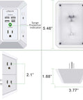 Wall Charger And Surge Protector Outlet Extender Featuring Five AC Outlets Plus Four Fast USB Ports Designed To Fit Standard Duplex Sockets, dimensions shown.