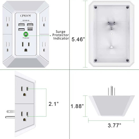 Wall Charger And Surge Protector Outlet Extender Featuring Five AC Outlets Plus Four Fast USB Ports Designed To Fit Standard Duplex Sockets, dimensions shown.