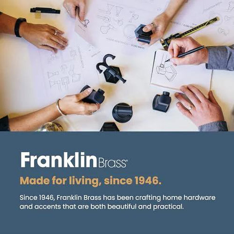 Hands designing hardware on paper with black knobs and text 'Franklin Brass Made for living, since 1946'