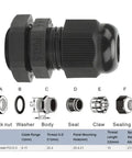 Diagram of Long Thread PG13.5 Plastic Cable Gland Nylon 10 Pack with Gaskets, showing washer, body, seal, and sealing nut components.