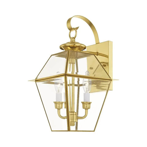 Westover Two Light Outdoor Wall Lantern In Charcoal Finish With Classic Clear Beveled Glass Old School Charm Transitional Traditional Style Exterior Sconce For Porch Patio Or Entryway Bulbs Not Included, shown in gold version.