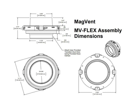 MagVent MV-FLEX Assembly Dimensions diagram, anodized silver dryer vent coupling with 4.080 in opening