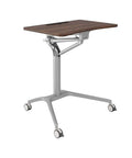Totally Adjustable Pneumatic Sit Stand Rolling Laptop Desk Cart with walnut surface and wheels for easy movement.