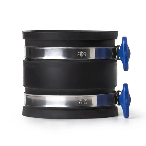 Side view of two and a half inch dust control flex cuff with adjustable key hose clamps rubber cuff connector for woodworking.
