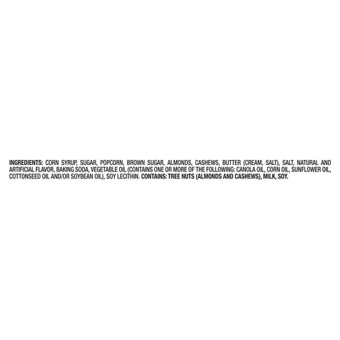 Ingredients list for Smokin Sweet Caramel Nut Popcorn Clusters 20 Oz Jumbo Barrel with almonds and cashews.