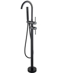 Oil Rubbed Bronze Floor Mounted Bathtub Faucet With Go-To Free Standing Design Hot And Cold Water Taps With Handheld Shower And 150cm Hose Three Eighths Inch Connectors Drip Free Ceramic Disc Cartridge, featuring sleek black finish.