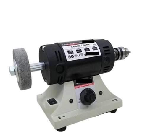 Badass 800W Heavy Duty Gemstone Polishing Machine Dual Head Bench Grinder With Flexible Shaft For Crystal Stone Engraving And Stepless Speed Control Pure Copper Motor, side view of compact bench lathe.