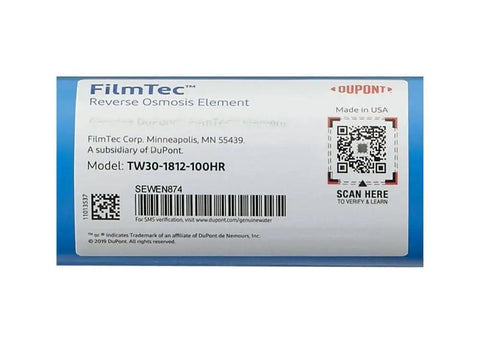 Label of TW30-1812-100HR 100 GPD TFC High Rejection Membrane For Undersink RO System with barcode and QR code visible.