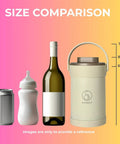 Size comparison of Road Trip Ready Breast Milk Cooler With Digital Temp Gauge, wine bottle, baby bottle, and soda can.