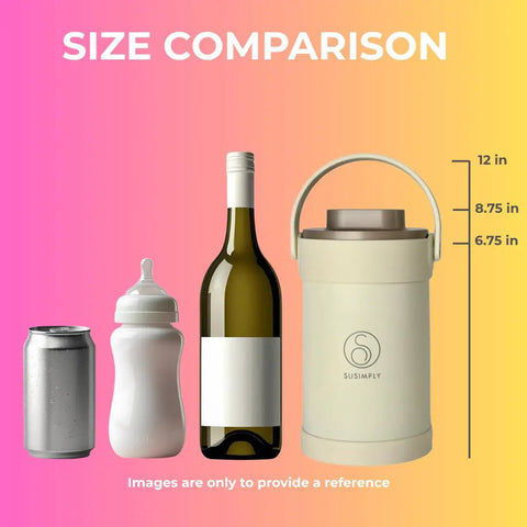 Size comparison of Road Trip Ready Breast Milk Cooler With Digital Temp Gauge, wine bottle, baby bottle, and soda can.