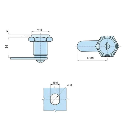 Technical diagram of Cam Lock For Distribution Mini Box And Tin Trunk File Locks Nickel Plated Versatile Security Lock dimensions