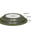 Three stacked diamond resin grinding wheels, sizes 4, 5, 6 inch, for carbide cutters. Grinding discs with 100 by 16 by 11 by 8 core.