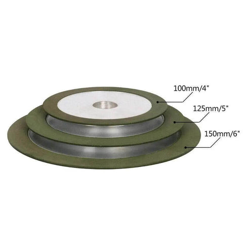 Three stacked diamond resin grinding wheels, sizes 4, 5, 6 inch, for carbide cutters. Grinding discs with 100 by 16 by 11 by 8 core.