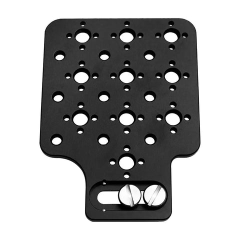 Solid Gold Cheese Plate One Quarter And Three Eighths Inch Threads For Arri Red Camera Side Mounting Bracket top view with mounting holes.