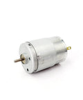 RS-385 Beast High Speed DC Motor 6V-24V 11000RPM Mini Carbon Brush Engine side view, silver metal housing