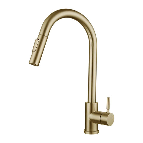 Sink Faucet, 360°Pull-Out Spray, Brushed Steel Hot and Cold Rotation (Gold) with flexible pull-down head.