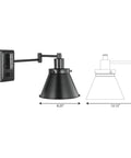 Black Swing Arm Wall Light With Adjustable Arm For Focused Task Lighting, Go To Industrial Loft Vibe, Easy Install, 9.63 By 8.25 By 8.25 Inches, Durable Build, Ideal Reading Spotlight, shown with dimensions.