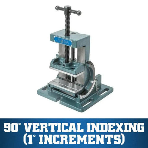 Cradle Style Angle Drill Press Vise With Four Inch Jaws And One And A Half Inch Opening Depth Ninety Degree Indexed Cradle With One Degree Increments Side Tommy Bar Lock Zero To Ninety Degree Pin Stops For Drilling Tapping And Reaming