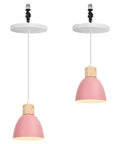 Kiven Instant Light Conversion Kit for 4/5/6inch Hole,Metal Farmhouse Lighting Recessed Can Light Conversion Kit to Pendant with E26 Screw-in Adapter for Kitchen Island Hallway Pink TB1649 2Pcs pendant lights in pink finish with wooden accents.