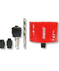 Diablo 4-inch bi-metal hole saw kit with SnapLock Plus mandrel; red hole saw with drill bits and arbors.