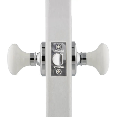Old School Retro Vibe Classic Rosette White Porcelain Round Door Knob for Interior Doors, side view with brass base