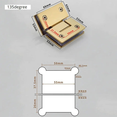 Diagram of stainless steel glass fixed clamp for shower enclosures, 135-degree angle, fits 8-12mm glass, 304 grade.