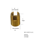 Durable M10x1.5 Gold Self-Tapping Threaded Inserts showing detailed dimensions and design for strong fastening in metal and plastic.