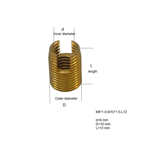 Durable M10x1.5 Gold Self-Tapping Threaded Inserts showing detailed dimensions and design for strong fastening in metal and plastic.