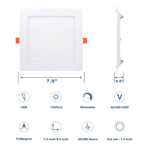 8 Inch Ultra Thin Square LED Recessed Lighting Kit With 3000K 4000K 5000K Color Temperature Options, 18W 1350 Lumens side view