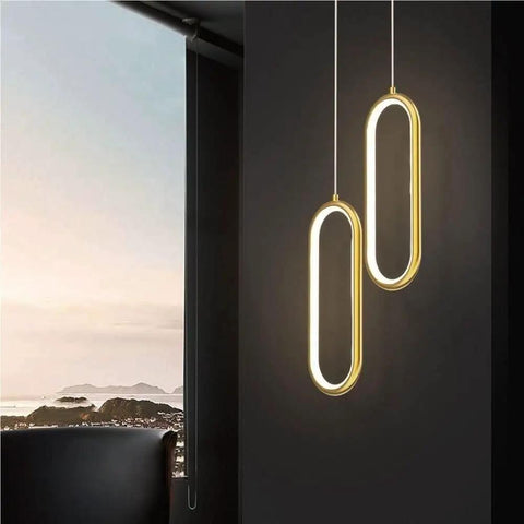 UIOLCFF Classic Modern Simple Gold Aluminum Pendant Light LED 18W Three Color Dimmable Hanging Lamp Bedroom Living Room with two linked designs.