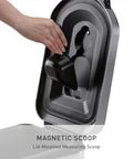 Magnetic scoop attached inside lid of X Large Pet Food Storage Container With Airtight Seal Keeps Dog Food Cat Food And Bird Feed Fresh