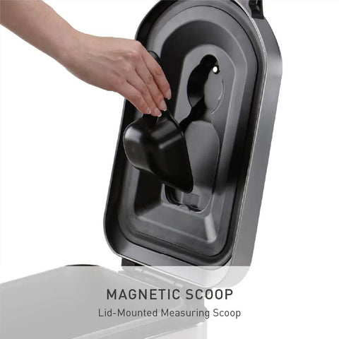 Magnetic scoop attached inside lid of X Large Pet Food Storage Container With Airtight Seal Keeps Dog Food Cat Food And Bird Feed Fresh