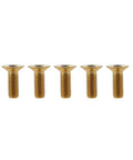 Top Shelf 5 Piece Set Of Grade 5 Titanium M6 Flat Countersunk Hex Socket Cap Bolts In Sleek Gold Finish, 5 pieces displayed.