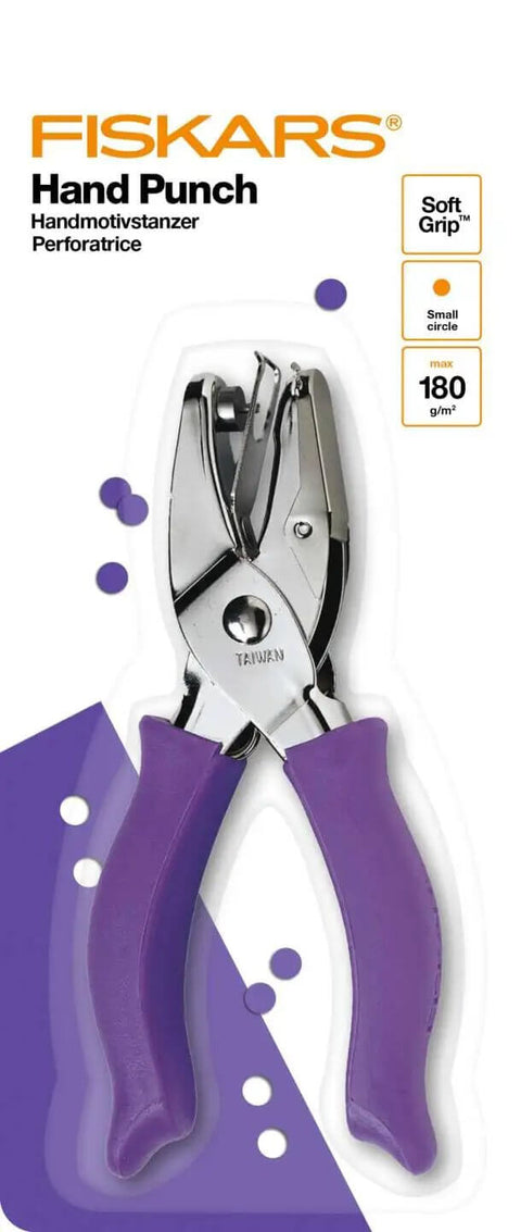 One Sixteenth Inch Circle Hole Punch With Ergonomic Cushioned Grip for crafting, featuring purple accents and stainless steel design.