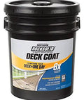 Top Shelf Heavy Duty Deck And Concrete Resurfacer With Tough Waterproof Shield And Quick One Coat Formula For Straight Up Fresh Restoration Of Worn Surfaces in a black bucket.