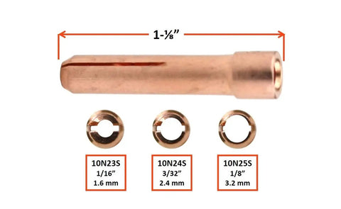 Stubby Setup TIG Torch Consumables Kit For 17, 18, 26 Series With Tungsten Tips copper collet bodies sizes shown below.