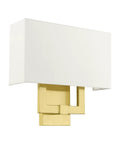 Two Light Wall Sconce In Satin Brass With Dope Off White Hardback Fabric Shade For A Clean Modern Vibe ADA Compliant Meridian Collection