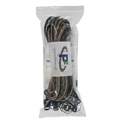 Paracord 550 Kit With Five Colors Olive Drab ACU Woodland Camo Desert Camo And Black 100 Feet Total Includes Ten 3 8 Inch Black Side Release Buckles And Five 32mm Key Rings in a plastic package.