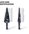Quick-Release Step Bit Set For Impact Drills, Klein Tools QRST2S, 3-Piece Kit showing size identification for precise drilling.