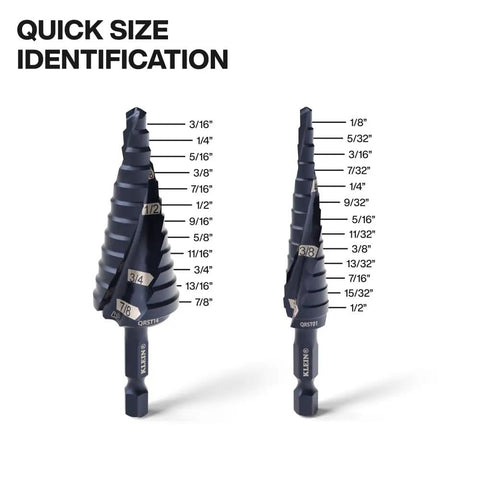 Quick-Release Step Bit Set For Impact Drills, Klein Tools QRST2S, 3-Piece Kit showing size identification for precise drilling.