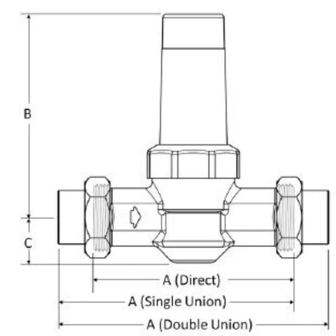 Technical drawing of 1 Inch Double Union Pressure Regulating Valve Push To Connect Brass Plumbing Fittings Works With PEX Copper.