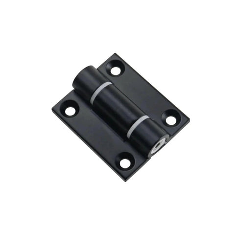 Front view of matte black torque-damping hinge with mounting plate and four screw holes