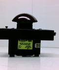 Built Tough 2 1/4 Inch Red Plastic Mushroom Plunger Switch With Latch, side view for heavy duty tractors and industrial use.