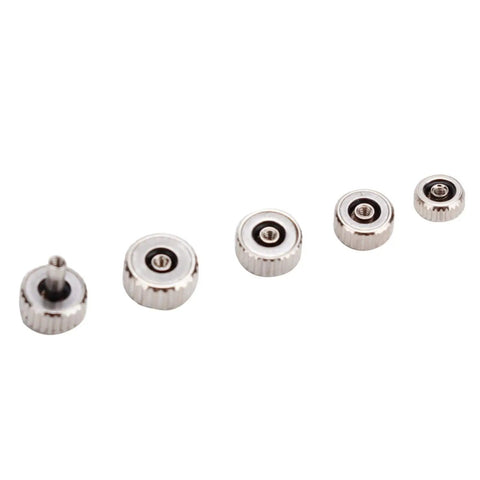 Pro Grade Watch Repair Kit With Stem Extender And Crown Replacement Parts shown with five stainless steel crowns