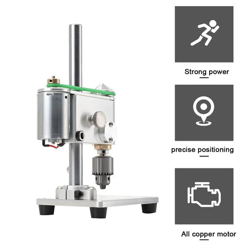 High-Performance Precision Benchtop Drill Press With Jt0 Chuck, 360-Degree Rotation And Variable Speed 400-4500Rpm angled view showing motor and chuck.
