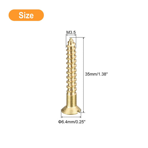 Brass Wood Screws Set, 15 Pieces M3.5 X 35mm Slotted Flat Head Self Tapping Screws for Woodworking and Furniture Making, shown with size details.