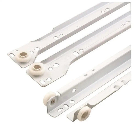 Top Shelf Bottom Mount Drawer Slides For Rv And Mobile Homes Fresh White Powder Coated Finish heavy duty steel tracks with rollers.