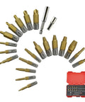 Ultimate 22 Piece Damaged Screw Removal Kit For Stripped Bolts And Nuts With Hex Shank Drill Bits To Easily Extract Jammed Hardware Without Hassle. 22-piece hex shank bits and red case