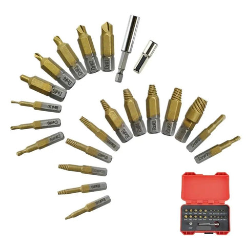 Ultimate 22 Piece Damaged Screw Removal Kit For Stripped Bolts And Nuts With Hex Shank Drill Bits To Easily Extract Jammed Hardware Without Hassle. 22-piece hex shank bits and red case